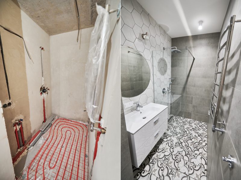 Bathroom with heated floor before and after renovation. Bathroom with heated floor before and after renovation.